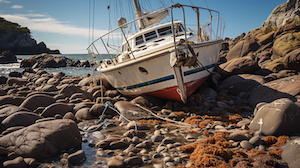 Bild på en fritidsbåt som fastnat på kustnära klippor efter en olycka